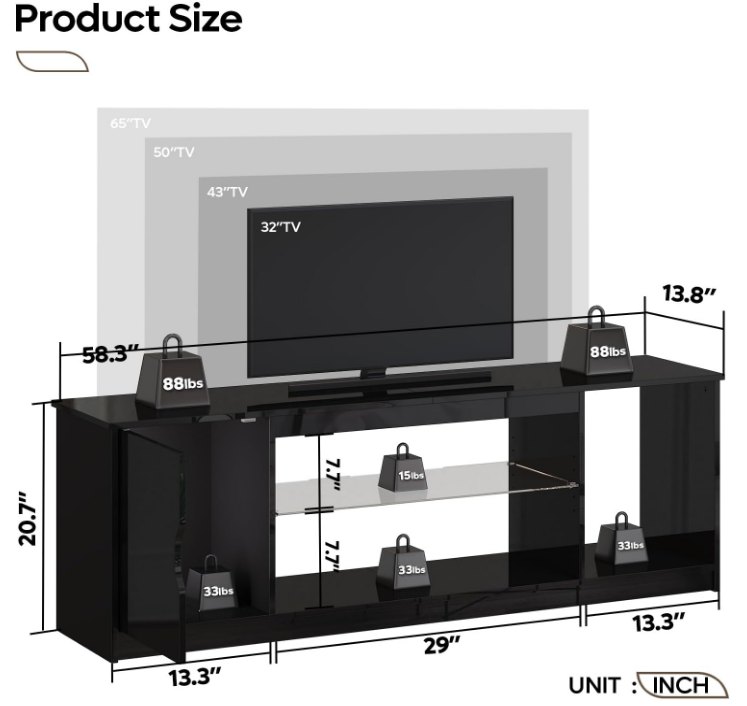 Led Entertainment Center for PS5, Gaming TV Stand with Cabinet for 60/65 Inch TV, Modern TV Console with Adjustable Glass Shelf for Living Room Easy Assembly Bright Black
