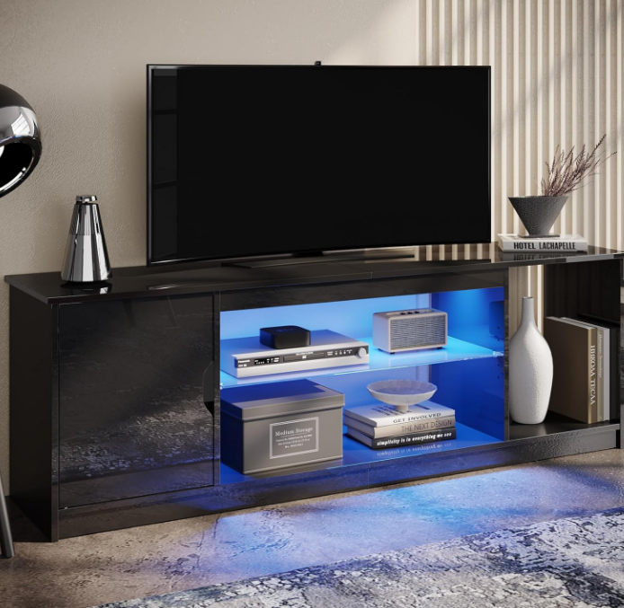 Led Entertainment Center for PS5, Gaming TV Stand with Cabinet for 60/65 Inch TV, Modern TV Console with Adjustable Glass Shelf for Living Room Easy Assembly Bright Black