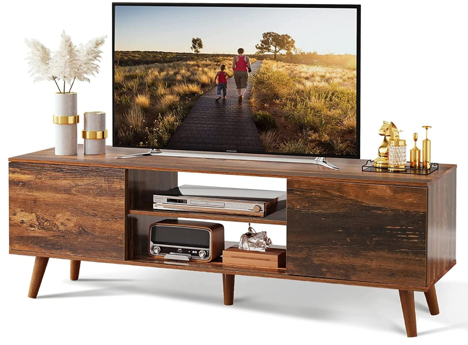 TV Stand for 55 60 inch TV, Mid Century Modern TV Console, Entertainment Center with Storage for Living Room, Retro Brown