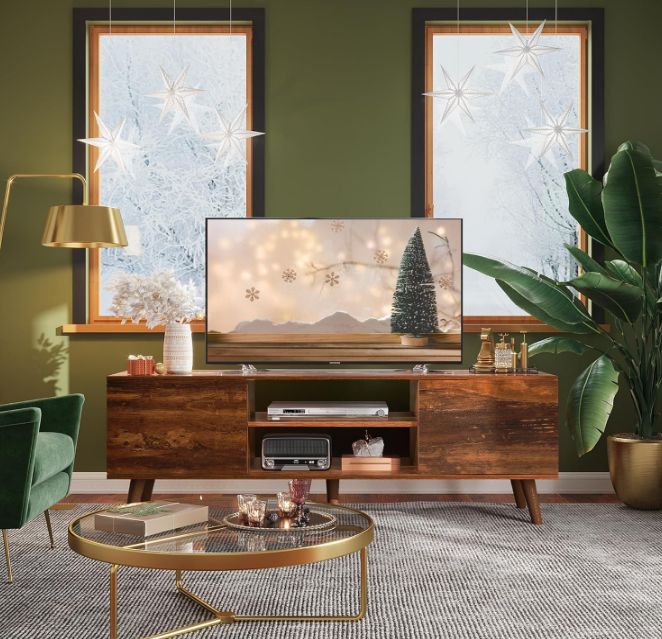 TV Stand for 55 60 inch TV, Mid Century Modern TV Console, Entertainment Center with Storage for Living Room, Retro Brown
