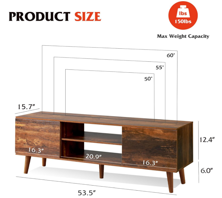 TV Stand for 55 60 inch TV, Mid Century Modern TV Console, Entertainment Center with Storage for Living Room, Retro Brown