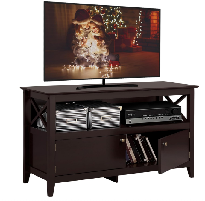 Wooden TV Stand for TVs Up to 48 inch, Media Entertainment Center Table, TV Cabinet Table with Storage Open Shelf & 2 Doors for Living Room, Espresso