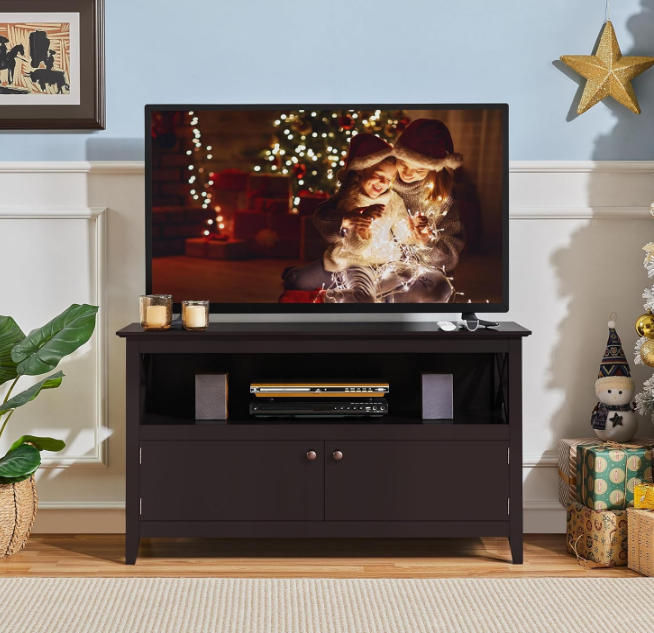 Wooden TV Stand for TVs Up to 48 inch, Media Entertainment Center Table, TV Cabinet Table with Storage Open Shelf & 2 Doors for Living Room, Espresso