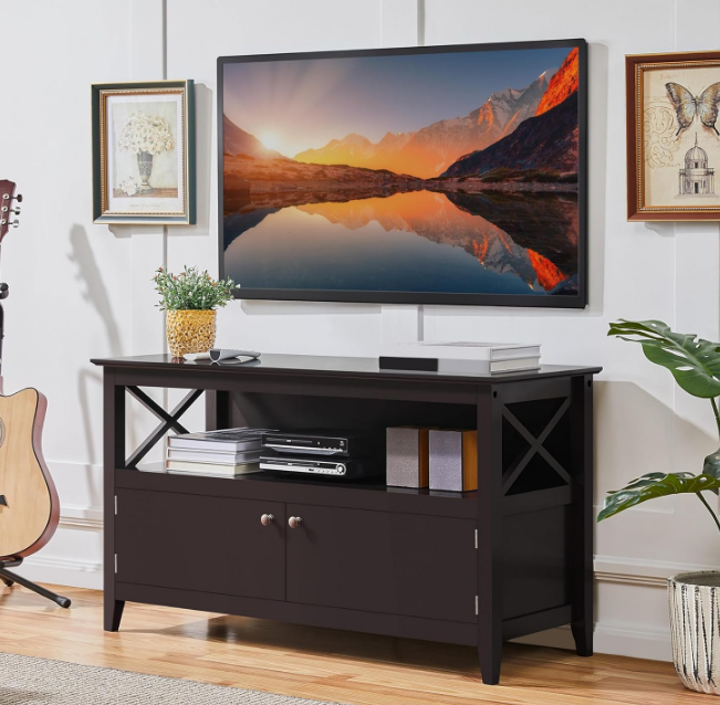 Wooden TV Stand for TVs Up to 48 inch, Media Entertainment Center Table, TV Cabinet Table with Storage Open Shelf & 2 Doors for Living Room, Espresso