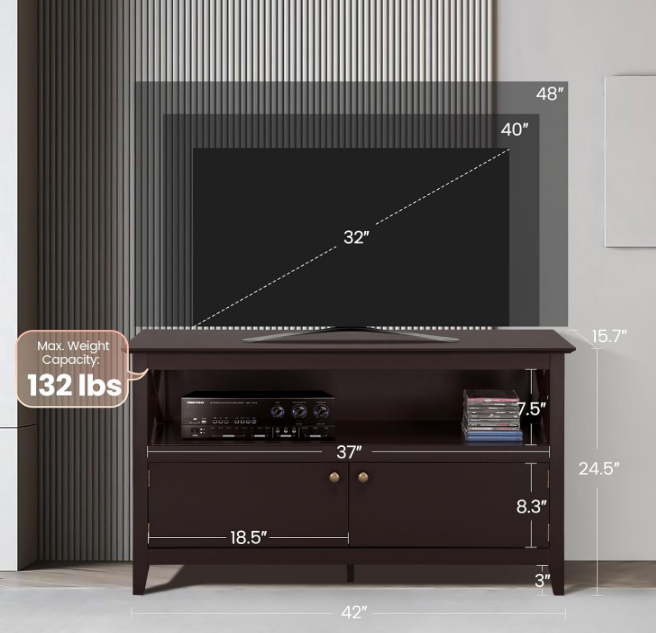 Wooden TV Stand for TVs Up to 48 inch, Media Entertainment Center Table, TV Cabinet Table with Storage Open Shelf & 2 Doors for Living Room, Espresso