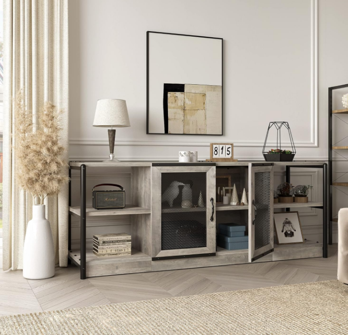 Farmhouse TV Stand for 65/75 inches TVs, Industrial Entertainment Center with Double Mesh Doors and Storage Cabinet, Rustic TV Cabinet TV Media Console Table for Living Room, Grey