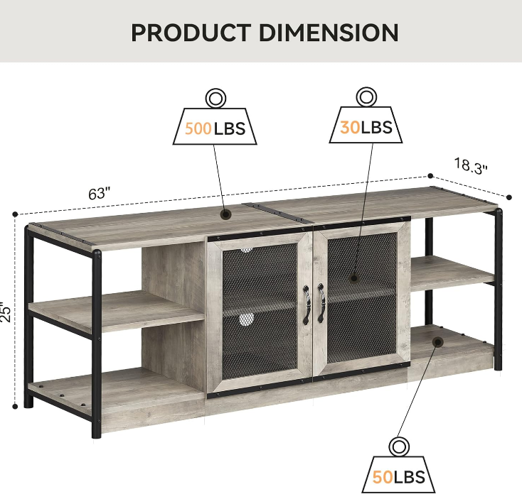 Farmhouse TV Stand for 65/75 inches TVs, Industrial Entertainment Center with Double Mesh Doors and Storage Cabinet, Rustic TV Cabinet TV Media Console Table for Living Room, Grey