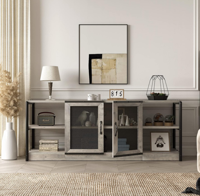 Farmhouse TV Stand for 65/75 inches TVs, Industrial Entertainment Center with Double Mesh Doors and Storage Cabinet, Rustic TV Cabinet TV Media Console Table for Living Room, Grey