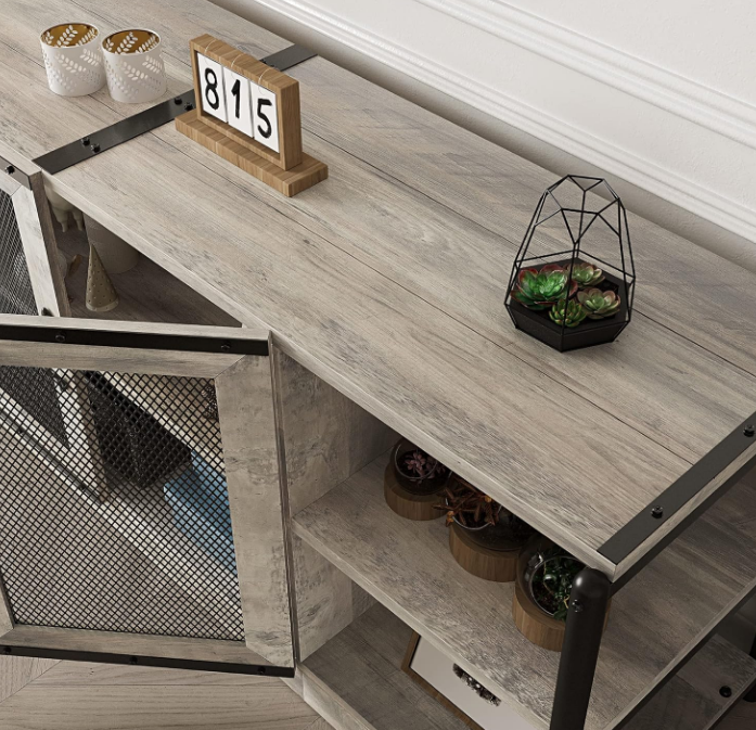 Farmhouse TV Stand for 65/75 inches TVs, Industrial Entertainment Center with Double Mesh Doors and Storage Cabinet, Rustic TV Cabinet TV Media Console Table for Living Room, Grey