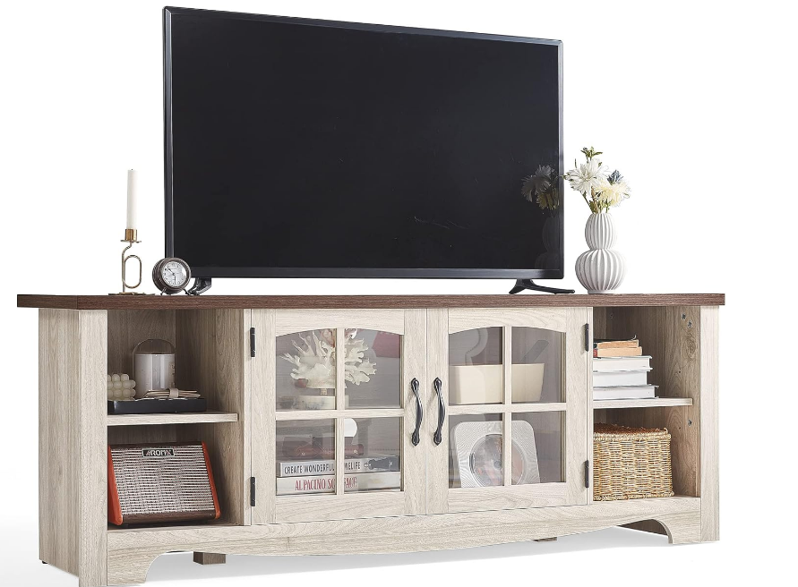 Farmhouse TV Stand for 65 Inch TV, Wood Entertainment Center with Glass Door Storage Cabinet & Adjustable Shelves, Large Sturdy TV Console Table for Living Room Bedroom