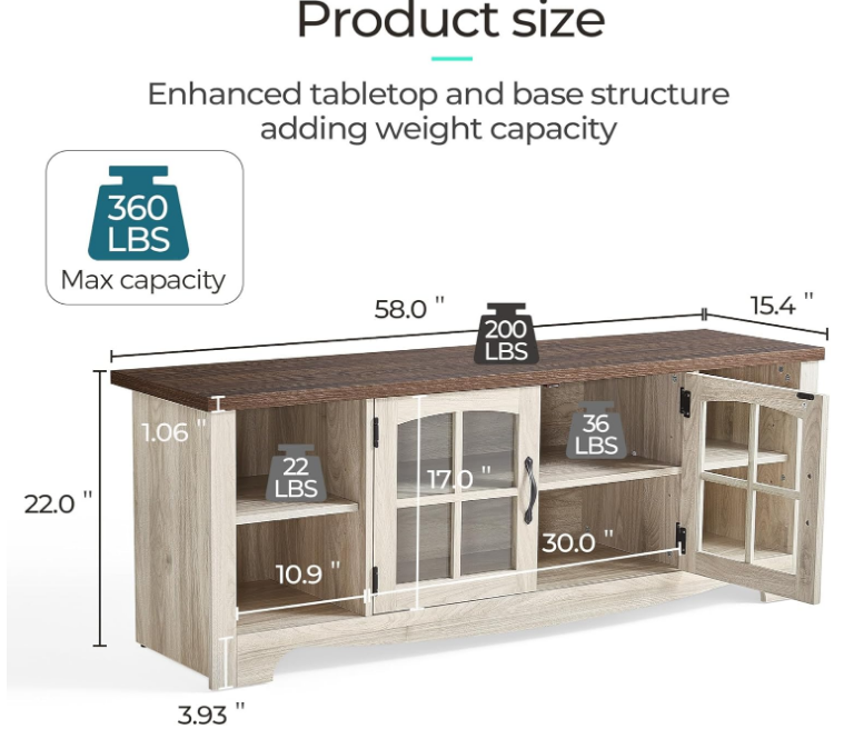 Farmhouse TV Stand for 65 Inch TV, Wood Entertainment Center with Glass Door Storage Cabinet & Adjustable Shelves, Large Sturdy TV Console Table for Living Room Bedroom