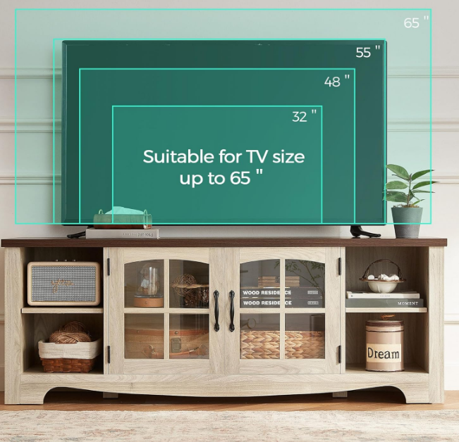 Farmhouse TV Stand for 65 Inch TV, Wood Entertainment Center with Glass Door Storage Cabinet & Adjustable Shelves, Large Sturdy TV Console Table for Living Room Bedroom