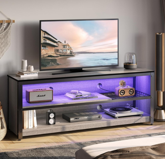 Gaming Entertainment Center for 50/55/60 Inch TV, LED TV Stand Cabinet with Adjustable Shelves, Wood Industrial TV Media Console Table with Metal Frame for Living Room Bedroom, Gray