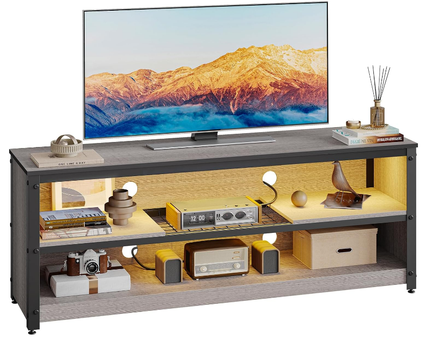 Gaming Entertainment Center for 50/55/60 Inch TV, LED TV Stand Cabinet with Adjustable Shelves, Wood Industrial TV Media Console Table with Metal Frame for Living Room Bedroom, Gray