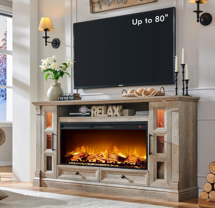 Fireplace TV Stand for up-to-80 TV, Farmhouse 36" Tall Entertainment Center with 42" Electric Fireplace, Media Console with Glass Door Cabinets & Drawers for Living Room, Light Rustic Oak