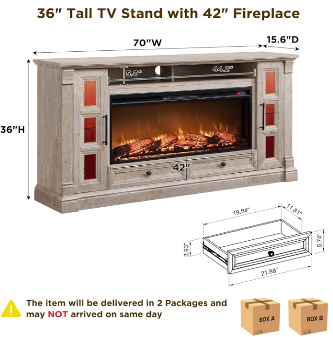 Fireplace TV Stand for up-to-80 TV, Farmhouse 36" Tall Entertainment Center with 42" Electric Fireplace, Media Console with Glass Door Cabinets & Drawers for Living Room, Light Rustic Oak