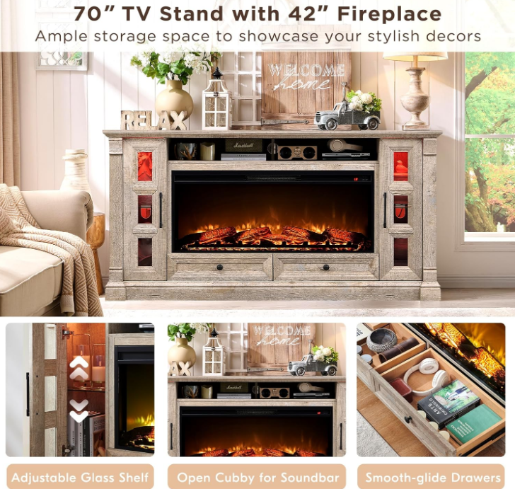 Fireplace TV Stand for up-to-80 TV, Farmhouse 36" Tall Entertainment Center with 42" Electric Fireplace, Media Console with Glass Door Cabinets & Drawers for Living Room, Light Rustic Oak