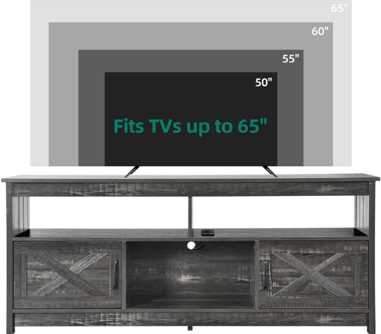 TV Stand for 65 55 Inch TV with Power Outlet, Farmhouse Entertainment Center with Storage Cabinets and Open Shelf, Rustic Media Console TV Cabinet for Living Room, Dark Grey