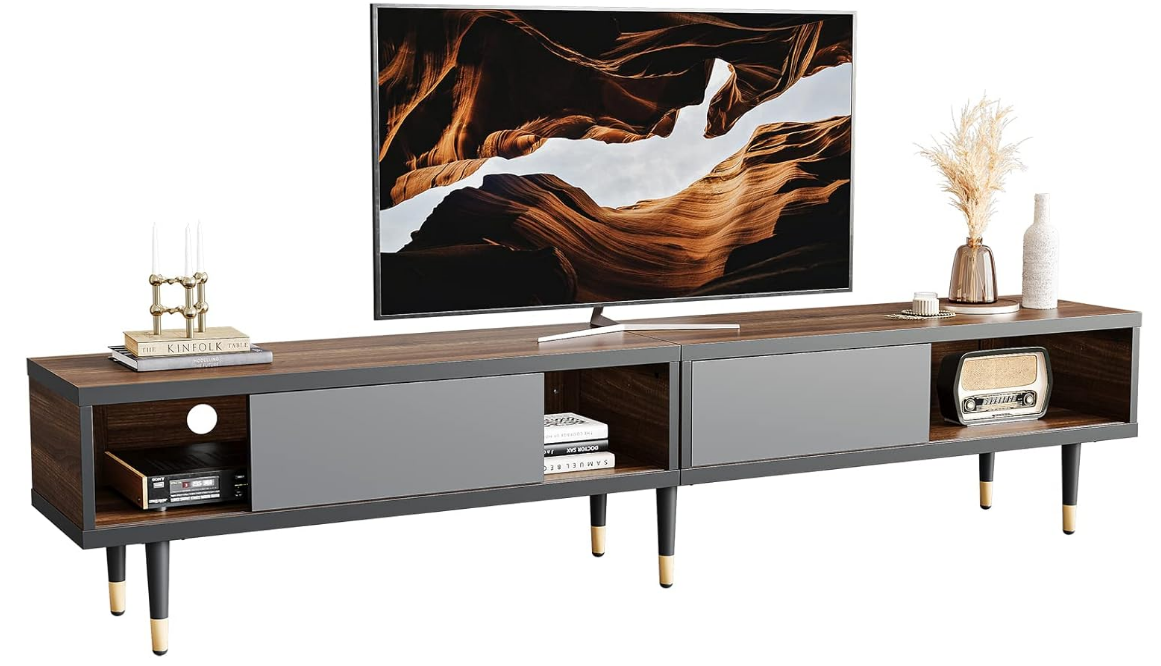  Mid Century Modern TV Stand for 85 inch tv, Entertainment Center with Storage and Sliding Doors, 2 in 1 Long TV Cabinet for Living Room, Ancona Walnut