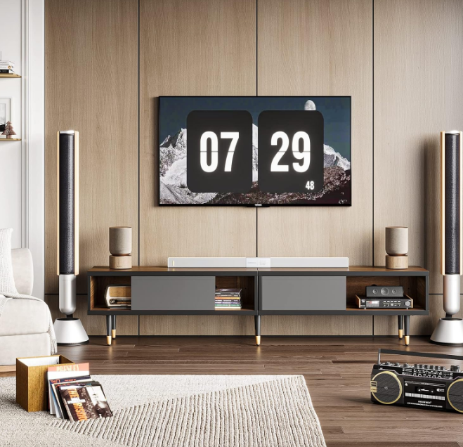  Mid Century Modern TV Stand for 85 inch tv, Entertainment Center with Storage and Sliding Doors, 2 in 1 Long TV Cabinet for Living Room, Ancona Walnut