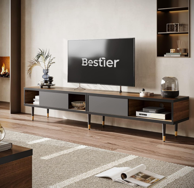  Mid Century Modern TV Stand for 85 inch tv, Entertainment Center with Storage and Sliding Doors, 2 in 1 Long TV Cabinet for Living Room, Ancona Walnut