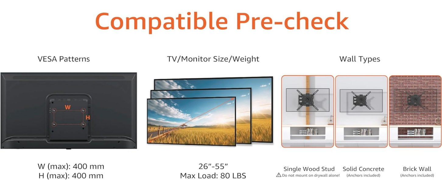 Full Motion Articulating TV Wall Mount, with Swivel and Tilt, for 26" to 55" TVs and Flat Panels up to 80 Lbs, VESA Compatible, Black