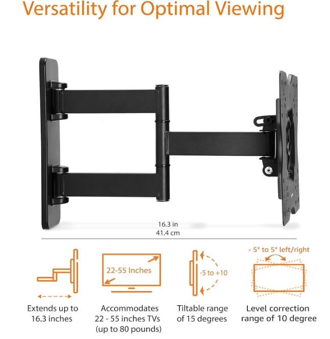 Full Motion Articulating TV Wall Mount, with Swivel and Tilt, for 26" to 55" TVs and Flat Panels up to 80 Lbs, VESA Compatible, Black