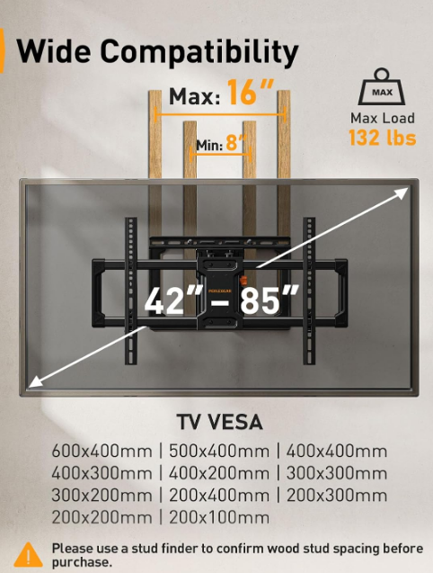 UL Listed Full Motion TV Wall Mount for 42-85 inch TVs up to 132 lbs, TV Mount with Dual Articulating Arms, Tool-Free Tilt, Swivel, Extension, Leveling, Max VESA 600x400mm, 16" Studs, PGLF8