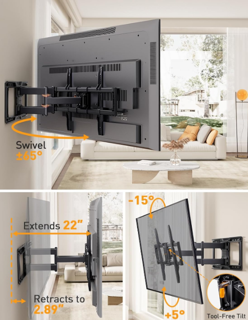 UL-Listed Full Motion TV Wall Mount for 42–90 Inch TVs up to 150 lbs, Pre-Assembled TV Mount with Tool-Free Tilt, Swivel, Extension, Max VESA 600 x 400mm, 12″/16″/18″/24″ Wood Studs, PGLF16