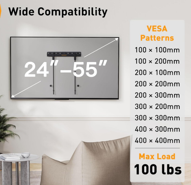 Studless TV Wall Mount for Most 24-55 Inch TVs up to 100 lbs, No Stud TV Mount, Drywall TV Bracket with Max VESA 400x400mm, No Drill, Easy Install, Low Profile, PGMT7