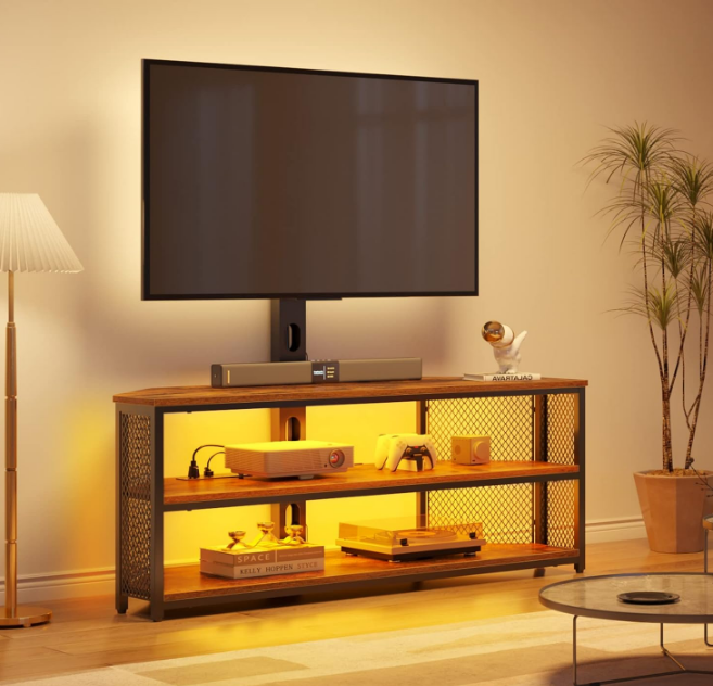 TV Stand with Mount and Power Outlet, Swivel TV Stand Mount with LED Lights for 32/45/55/60/65/70 inch TVs, Rustic Brown Entertainment Center Media Console with Height Adjustable Mount