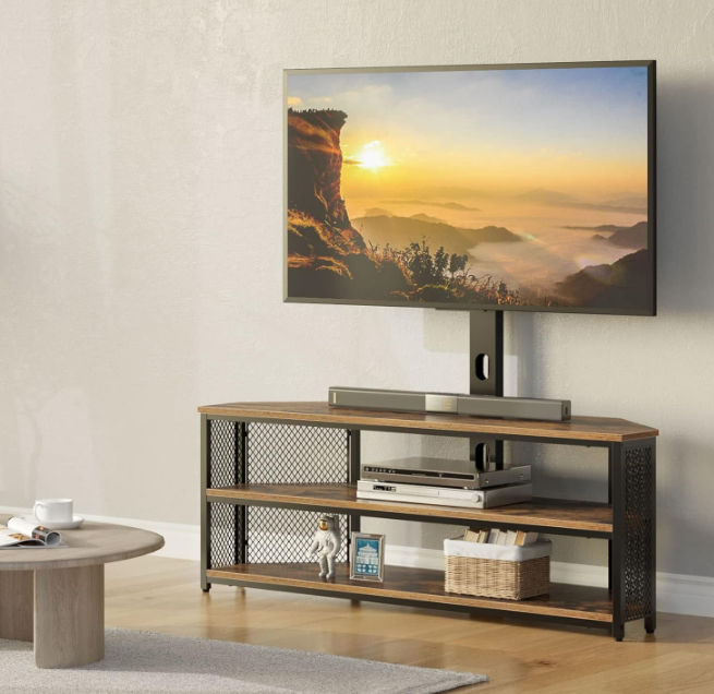 TV Stand with Mount and Power Outlet, Swivel TV Stand Mount with LED Lights for 32/45/55/60/65/70 inch TVs, Rustic Brown Entertainment Center Media Console with Height Adjustable Mount