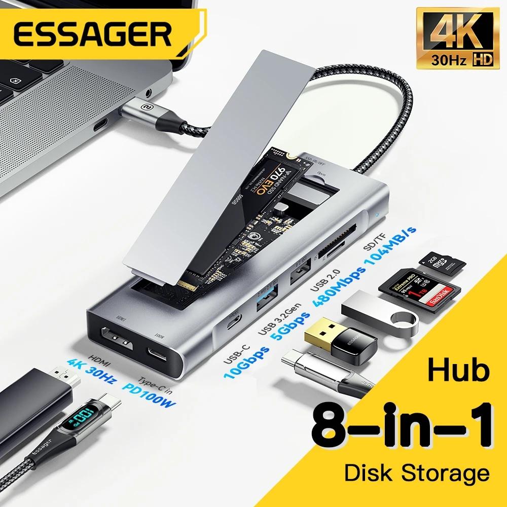 Essager Hub USB 8 en 1 avec fonction de stockage sur disque Station d'accueil pour ordinateur portable compatible USB Type-C vers HDMI pour MacBook Pro Air M1 M2