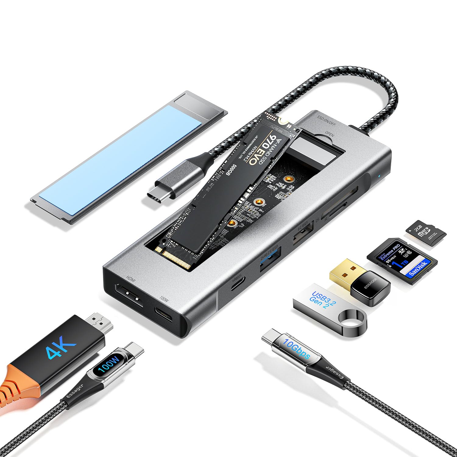 Essager Hub USB 8 en 1 avec fonction de stockage sur disque Station d'accueil pour ordinateur portable compatible USB Type-C vers HDMI pour MacBook Pro Air M1 M2