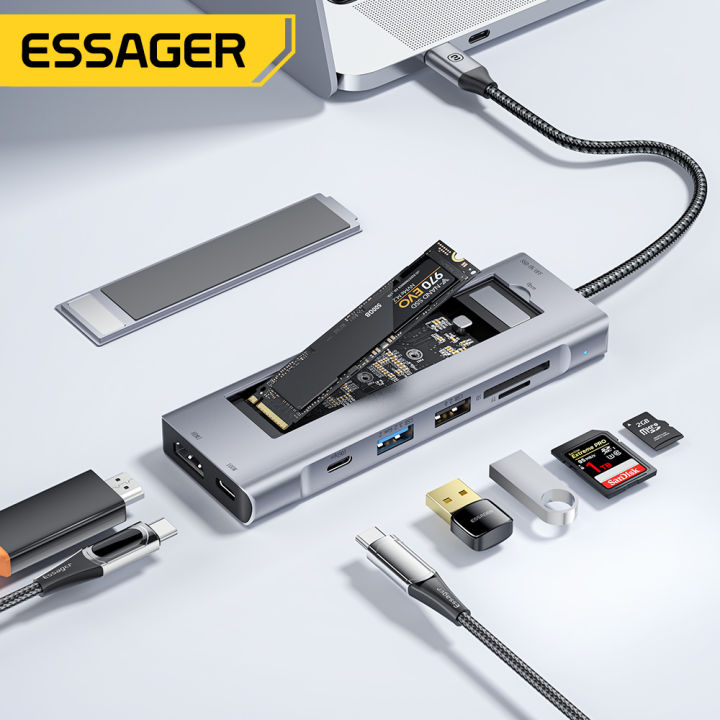 Essager Hub USB 8 en 1 avec fonction de stockage sur disque Station d'accueil pour ordinateur portable compatible USB Type-C vers HDMI pour MacBook Pro Air M1 M2