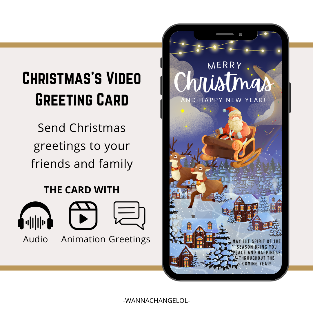 Merry Christmas And Happy New Year Video E-Card, Animated Merry Christmas Greeting Video Card With Audio, Santa Claus With Reindeer Video Card (2 MP4 files)