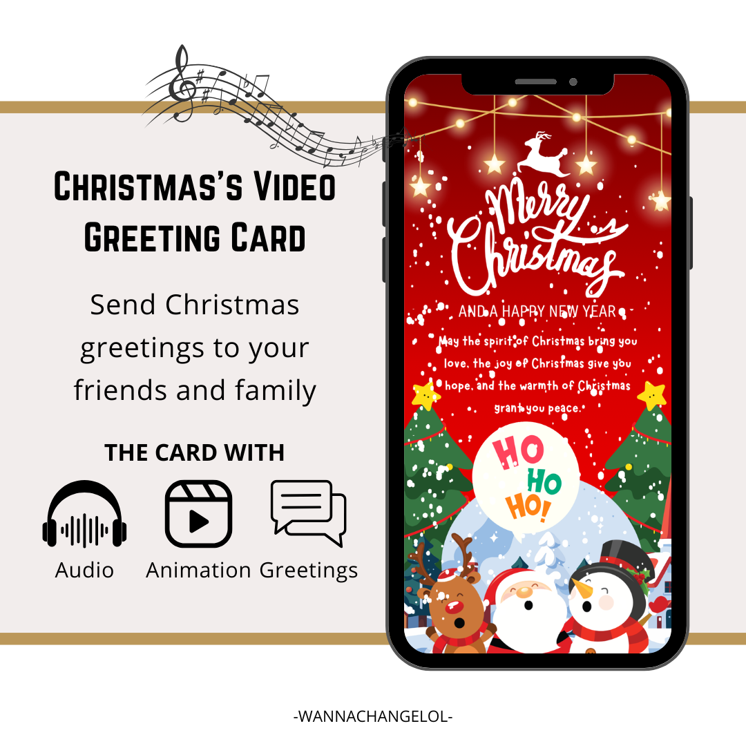 Merry Christmas And Happy New Year Video E-Card, Animated Merry Christmas Greeting Video Card With Audio, Santa Claus, Reindeer, Snowman Card (2 MP4 files)