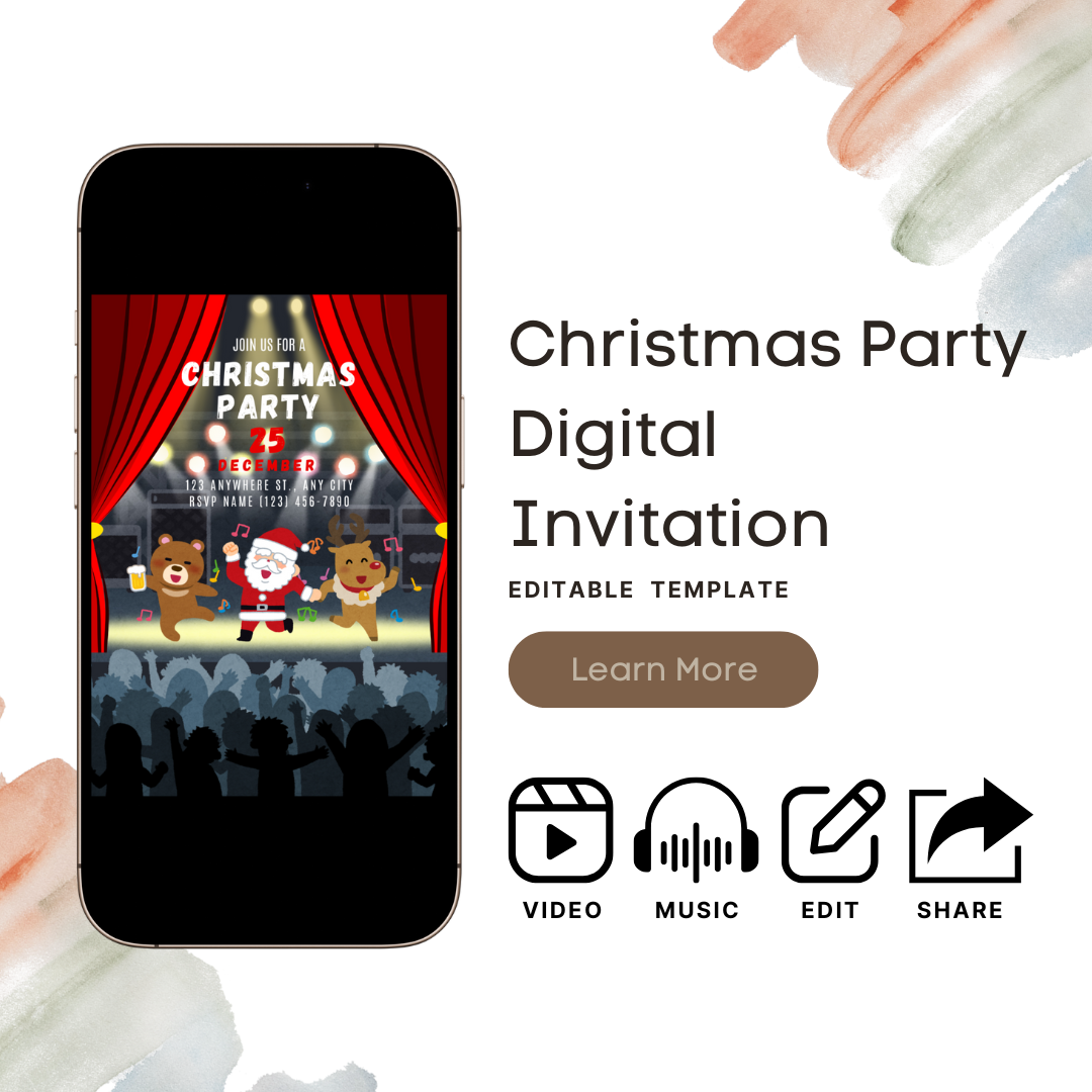 Christmas Party Video Invitation Editable With Audio, Christmas Party Santa Concert E-card, Party Announcement, Printable And Editable Template