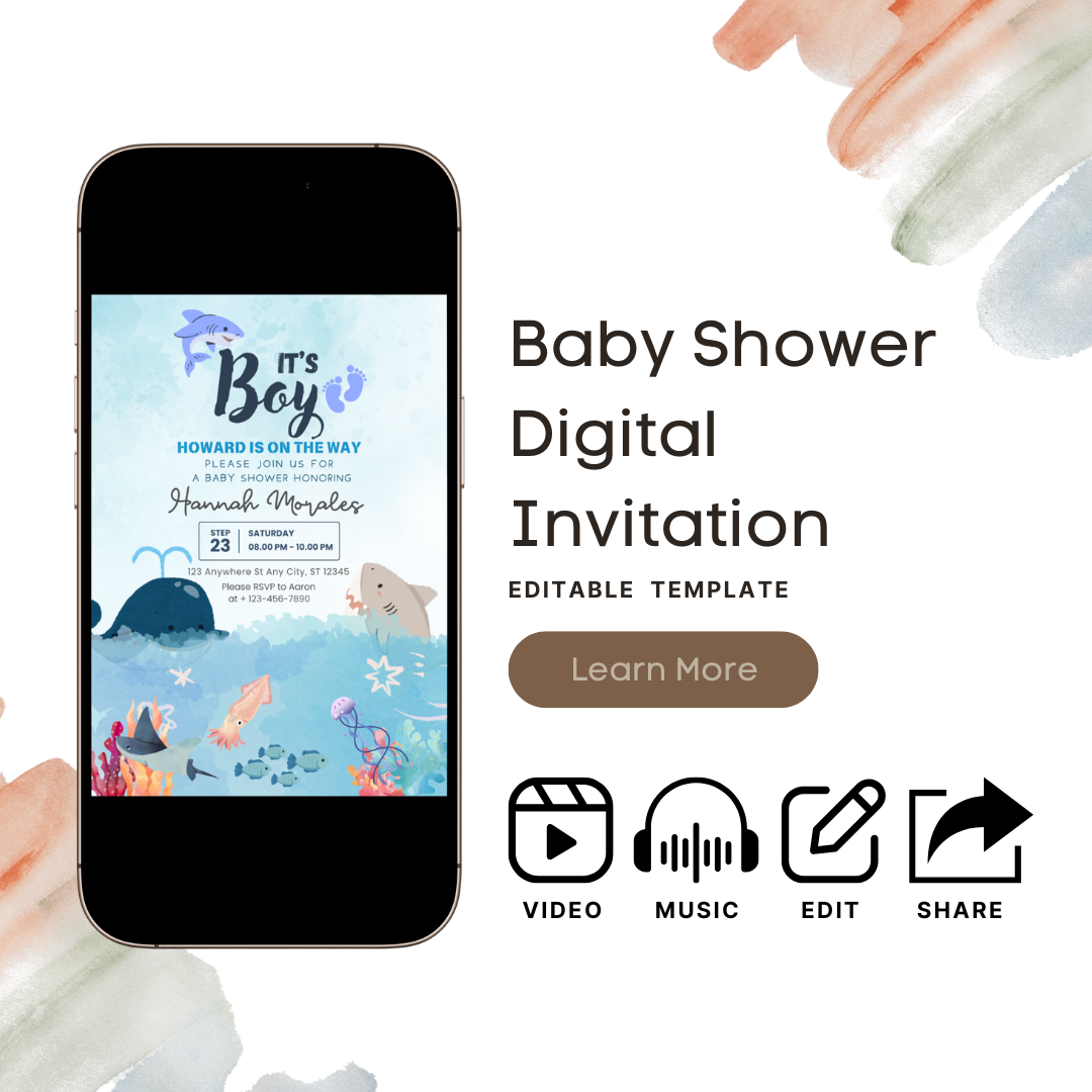 Baby Shower Baby Shark Video Invitation Editable E-card, Ocean Style E-Invitation With Music, Self Editable Itinerary DIY Template
