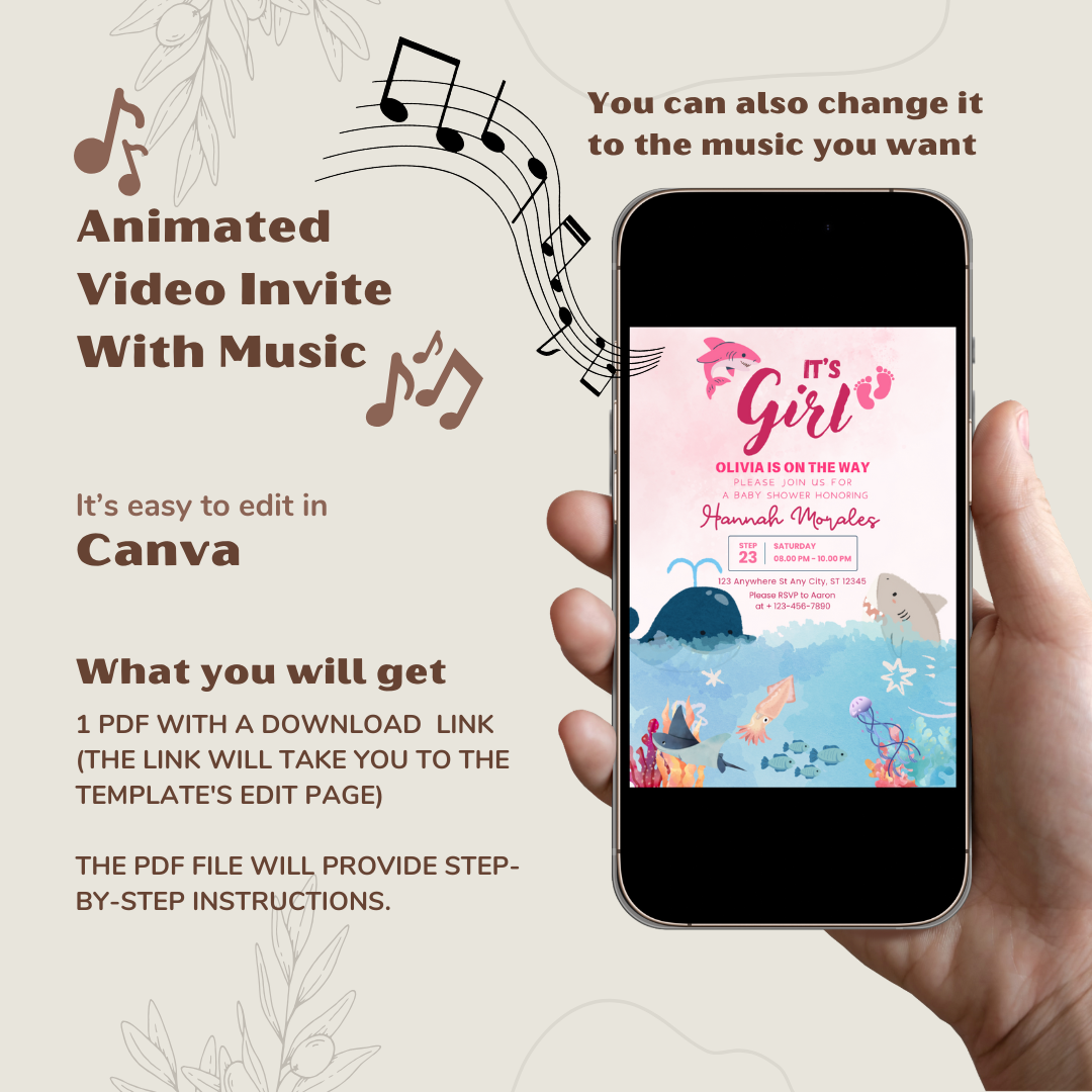 Baby Shower Baby Shark Video Invitation Editable E-card, Ocean Style E-Invitation With Music, Self Editable Itinerary DIY Template