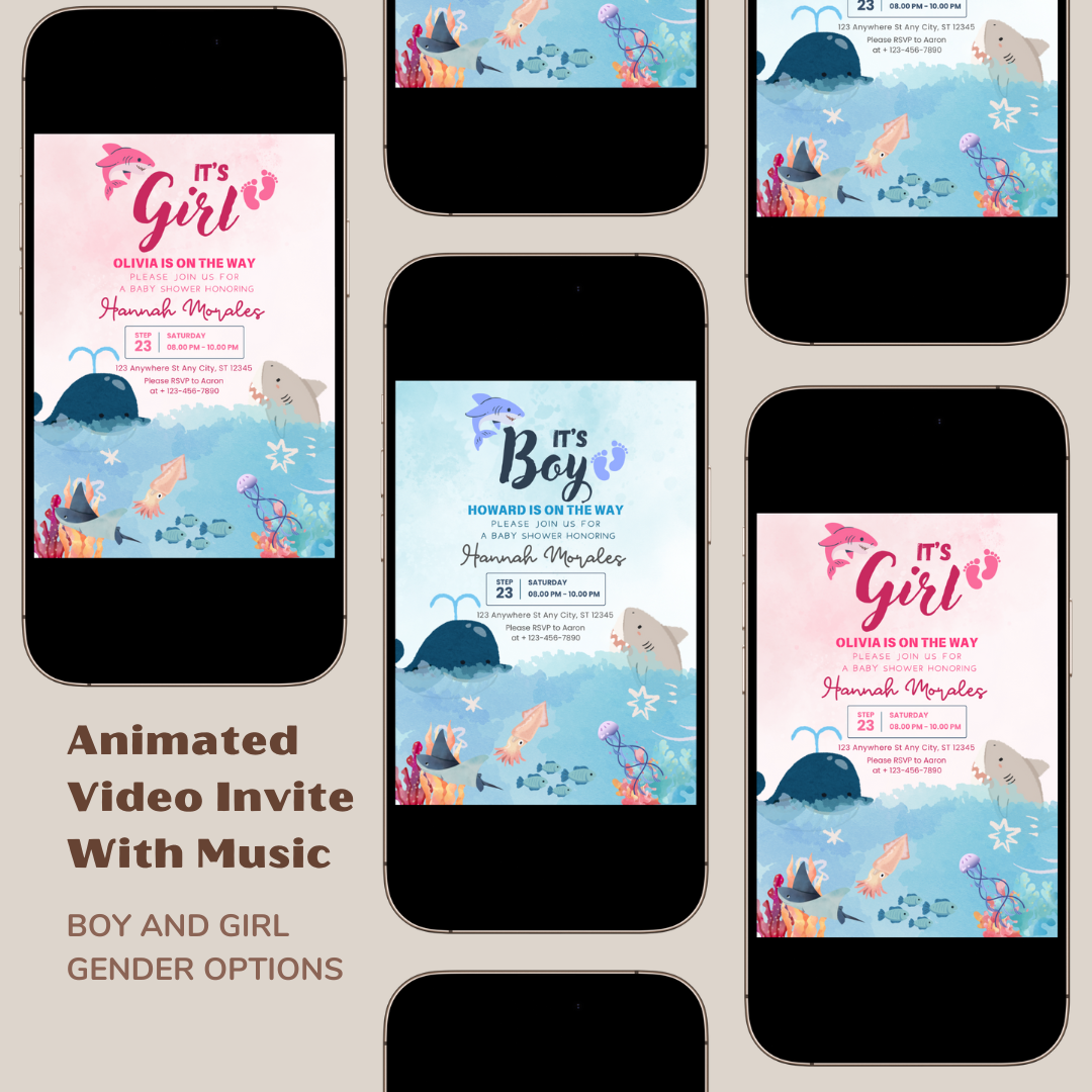 Baby Shower Baby Shark Video Invitation Editable E-card, Ocean Style E-Invitation With Music, Self Editable Itinerary DIY Template
