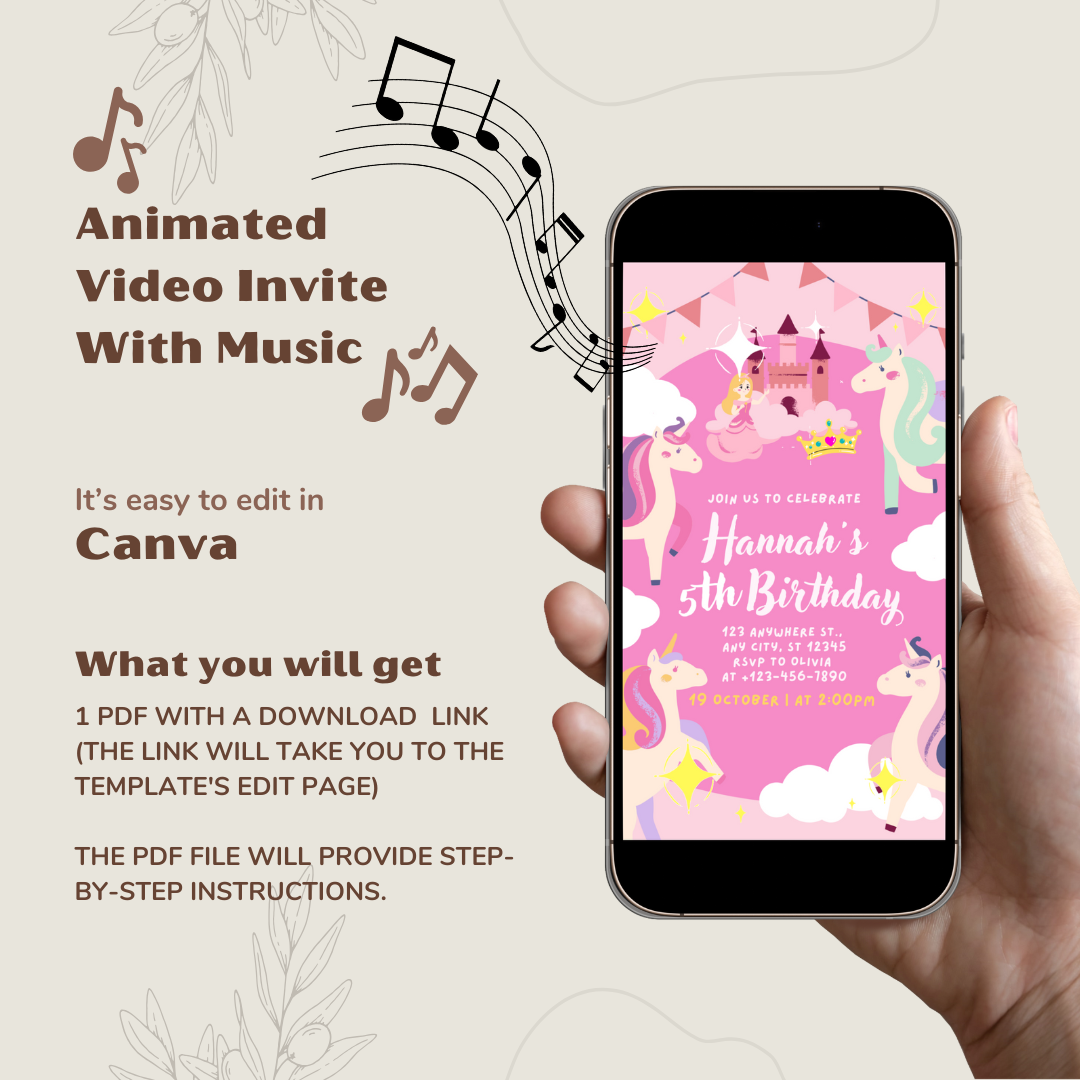 Pink Unicorn Birthday Party Video Invitation With Audio, Birthday Party Welcome Sign And Favor Tags, Party Announcement, Editable Template
