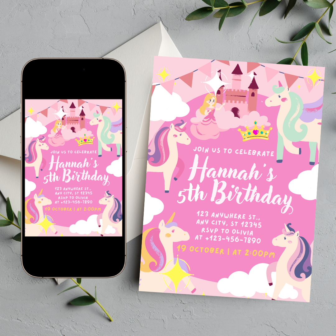 Pink Unicorn Birthday Party Video Invitation With Audio, Birthday Party Welcome Sign And Favor Tags, Party Announcement, Editable Template