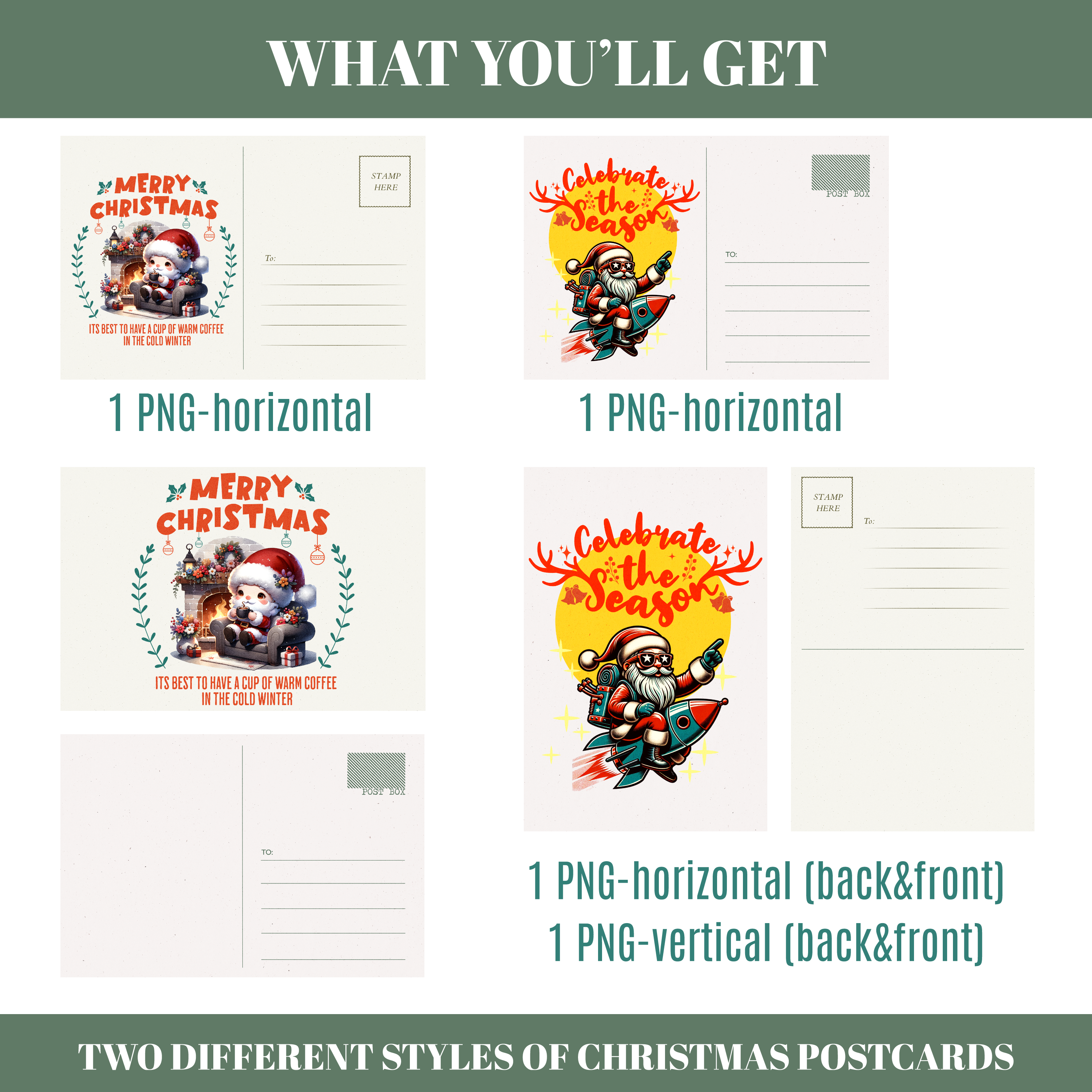 Merry Christmas and Celebrate The Season Postcards, Printable Digital Designs, Seasonal & Holidays Greeting Cards- PNG Files