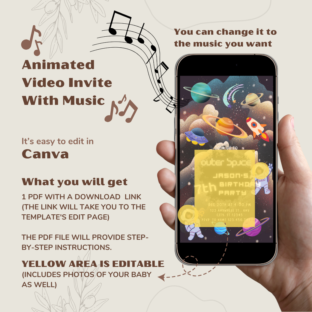 Outer Space Birthday Party Video Invitation With Audio, Birthday Party Welcome Sign And Favor Tags, Party Announcement, Editable Template