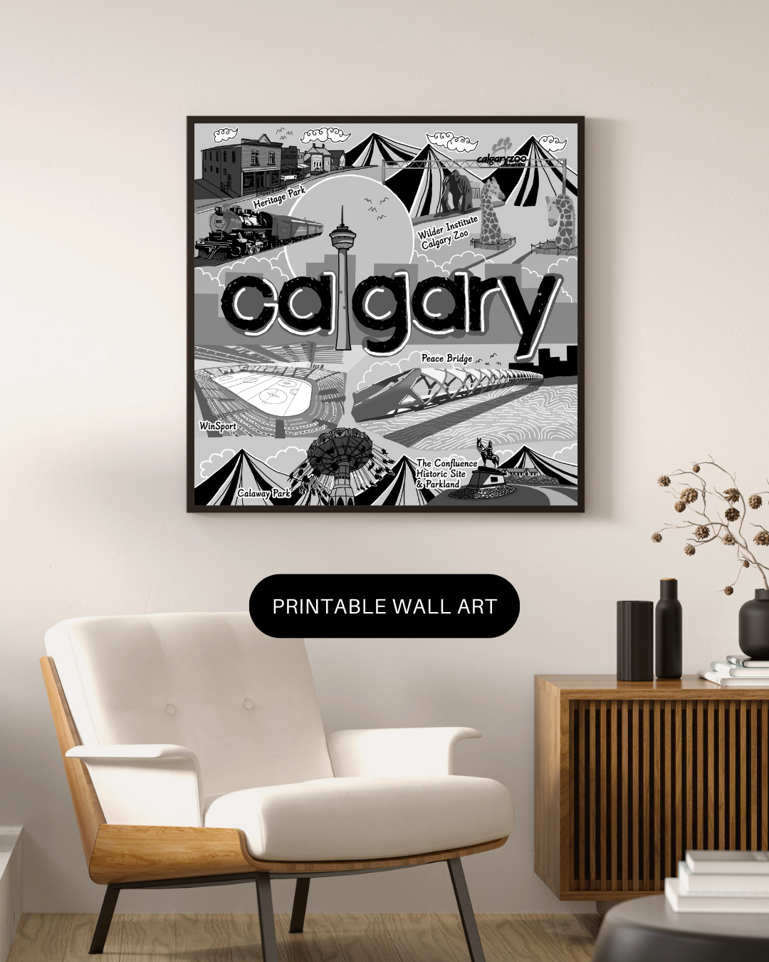 Alberta Calgary City Printable Wall Art Travel Poster, Canada Calgary City Poster, Calgary Artwork, Digital Printable Art