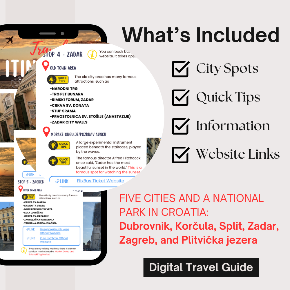 Croatia Travel Itinerary E-book Guide, Includes City Spots, Quick Tips, Information, Website Links