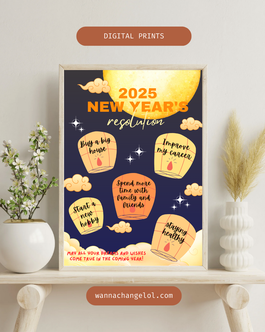New Year's Resolution Printable And Editable Wall Art Poster, Wishing Sky Lantern, Making Goals And Wishes for 2025