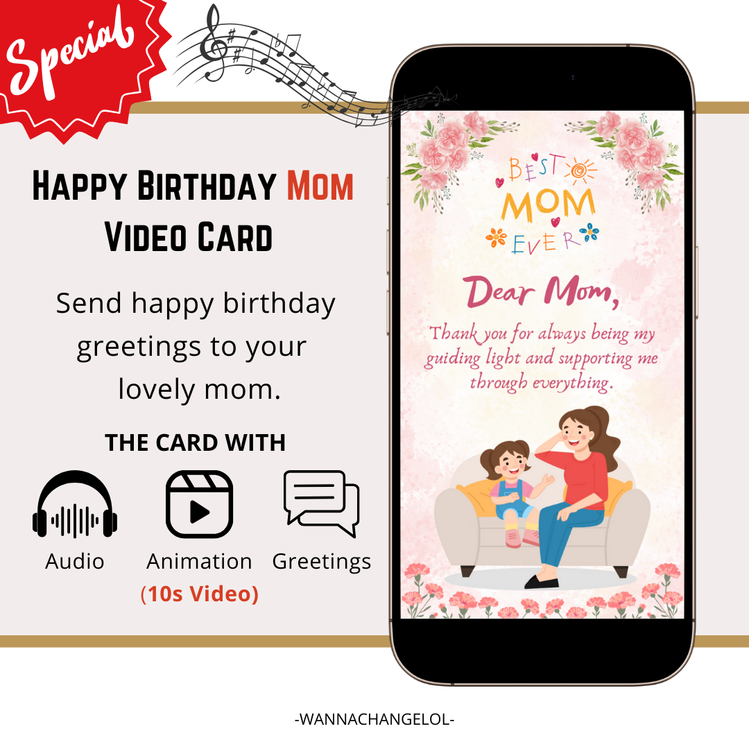 Happy Birthday Mom Video E-Card, Animated Happy Birthday Video Card With Audio, Happy Birthday Card for Lovely Mom (1 MP4 file)