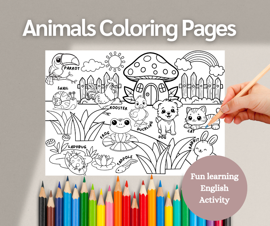 Animal English Learning Coloring Pages, Fun English Learning Coloring Pages And Activity, Preschool Printable Worksheet (1 PDF file)